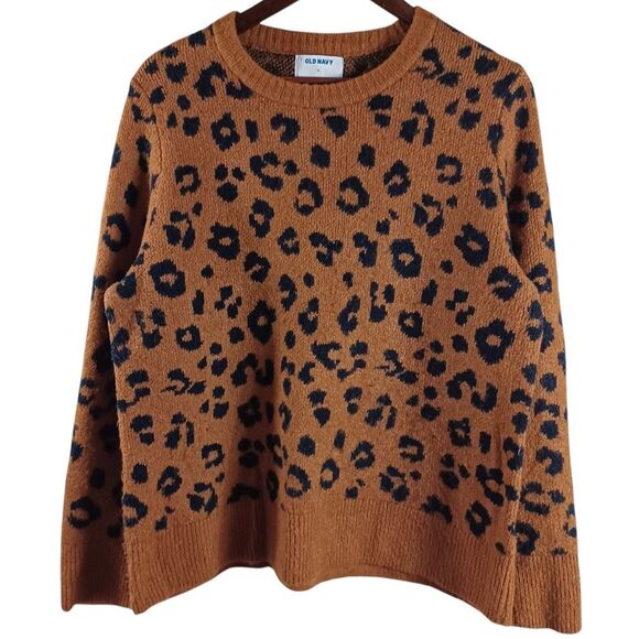 Old Navy Cozy Crew Neck XL Sweater Brown Black Cheetah Leopard Print Fuzzy Soft - Picture 1 of 9